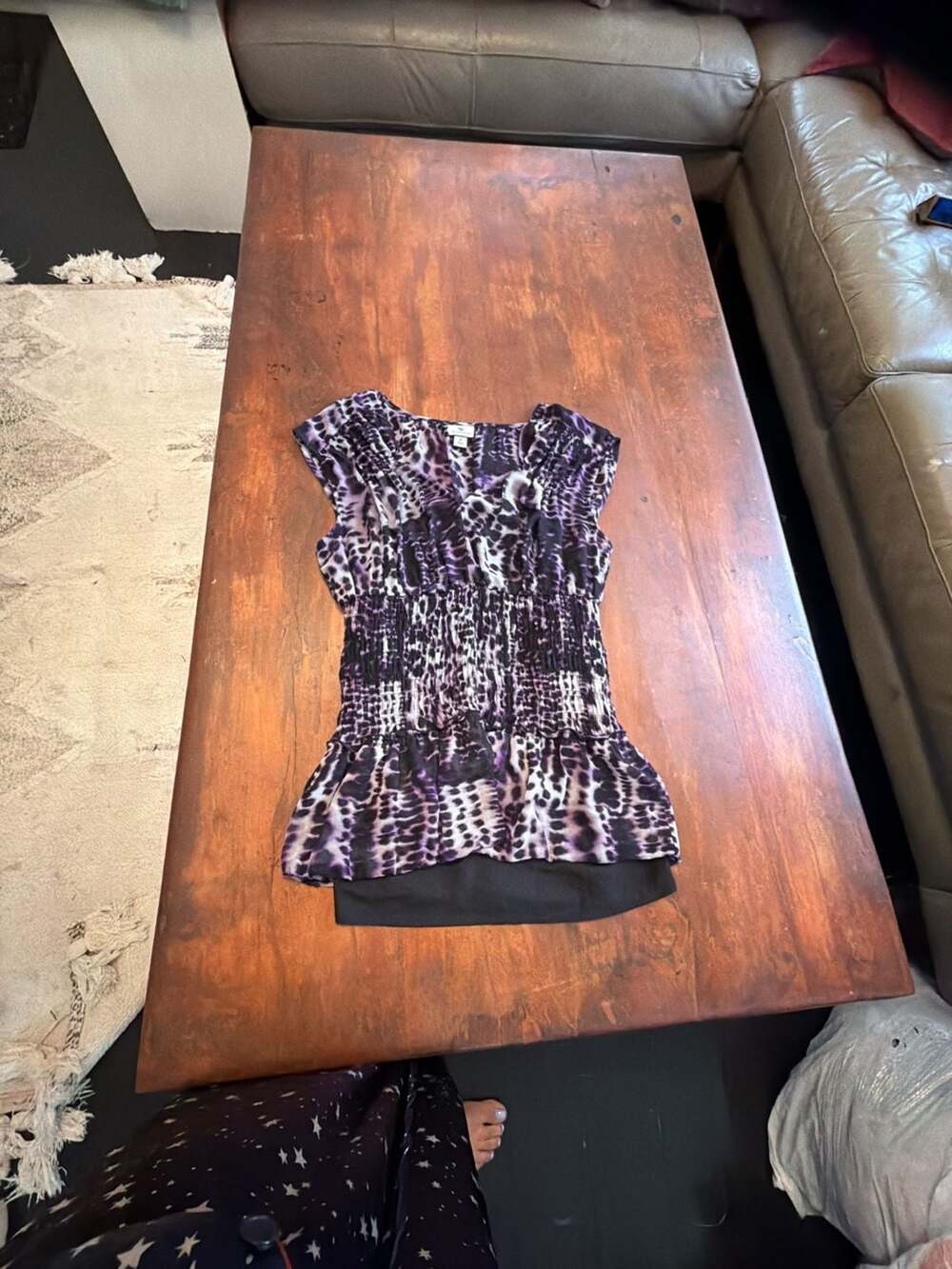 Worthington Women's Purple Animal Print Smocked Waist Sleeveless Blouse Size M